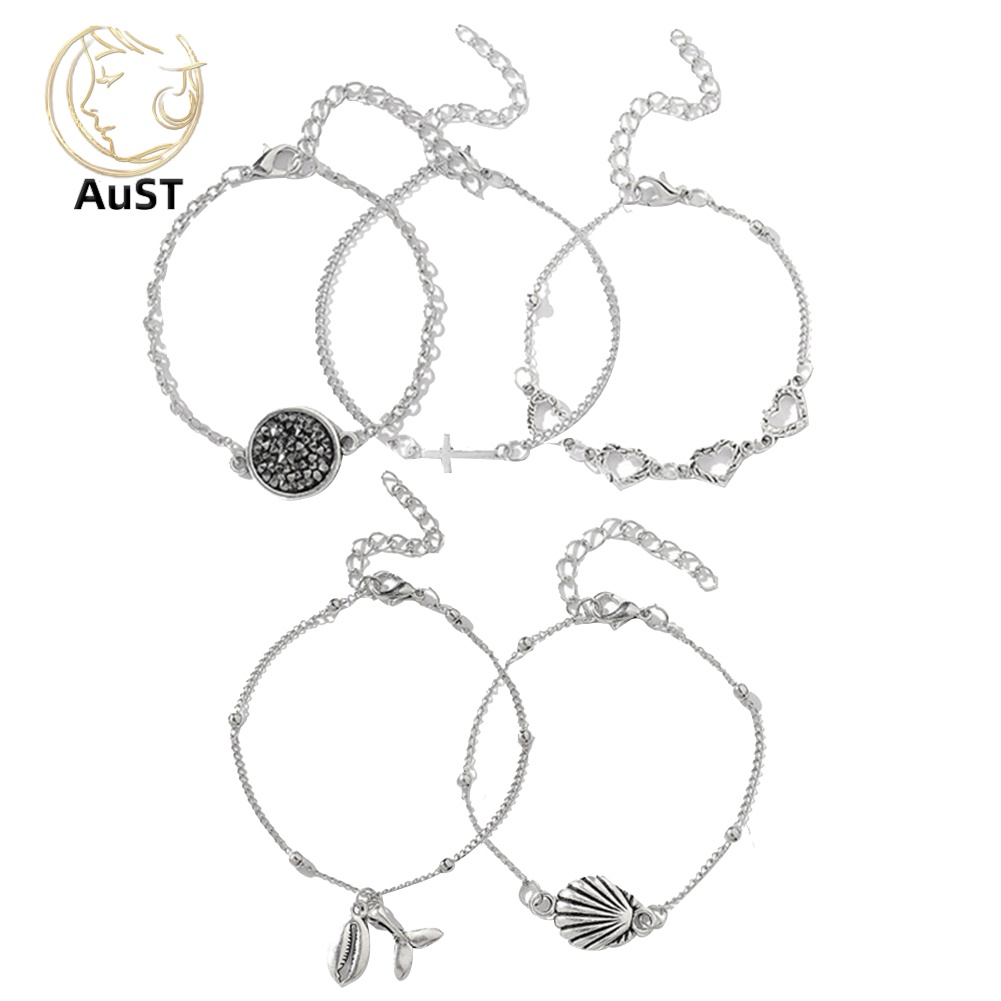 ausbl_5Pcs Heart Cross Shell Bangle Chain Beach Bracelet Wristband Women Party Jewelry