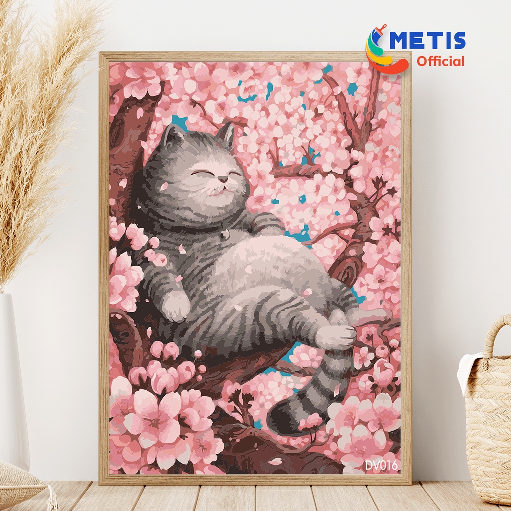 Tranh Số Hoá METIS OFFICIAL Đã Căng Khung Sẵn Tranh Tô Màu Theo Số Động Vật Con Mèo Lười DV016
