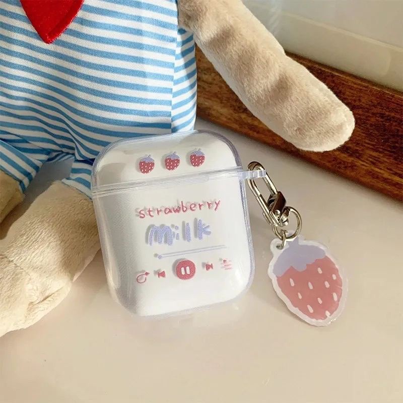 Ốp Bảo Vệ Tai Nghe Case Airpods 1 2 3 Pro Trong Suốt Hình Dâu Âm Nhạc Kèm Móc Khóa Dễ Thương
