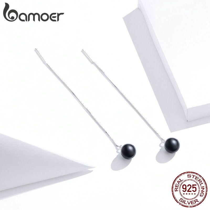 Khuyên tai Bamoer SCE878 dáng dài gắn đá mã não màu đen thời trang cá tính cho nữ