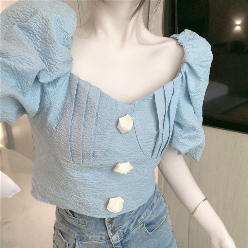 AMOI Áo Kiểu Cổ Vuông Tay Phồng Họa Tiết Sọc Caro Phong Cách Pháp Thời Trang Cho Nữ