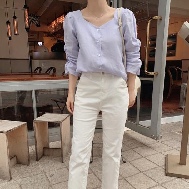 Áo Kiểu Tay Ngắn Cổ Chữ V Màu Trơn Thanh Lịch 38204