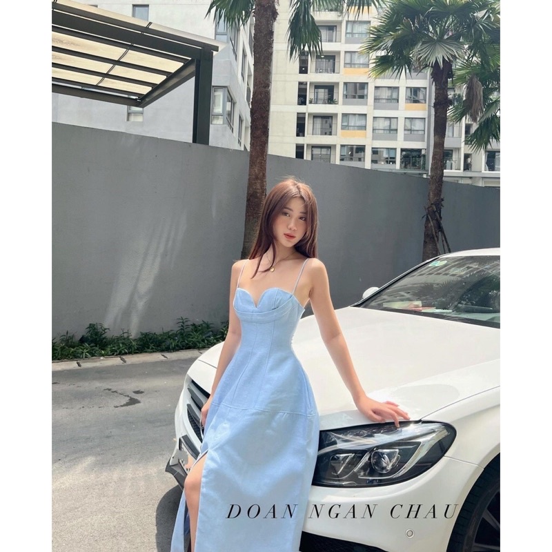 ĐẦM MAXI XÒE 2 DÂY CÚP NGỰC , VÁY XẺ ĐÙI DỰ TIỆC SANG CHẢNH MÀU XANH - MT8