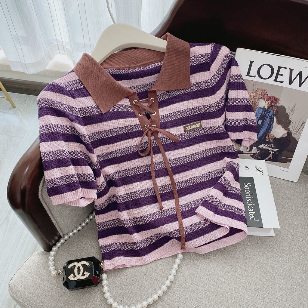 Áo Sweater Dệt Kim Hoạ Tiết Kẻ Sọc Thiết Kế Cổ Bẻ Thanh Lịch