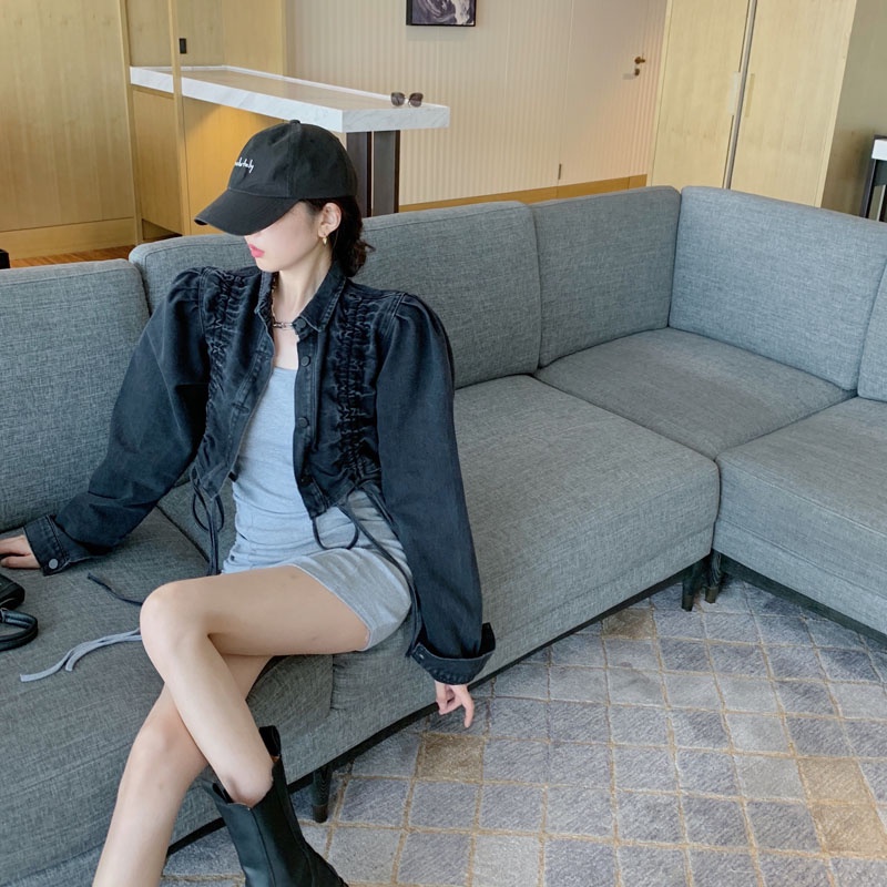Áo khoác Denim dáng ngắn phối dây rút thời trang mùa thu cho nữ