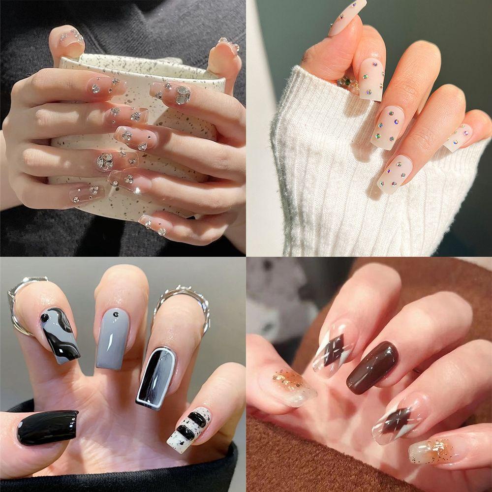 Bộ 24 Móng Tay Giả Đầu Tròn / Vuông Đính Kim Tuyến Lấp Lánh Bảo Vệ Toàn Diện