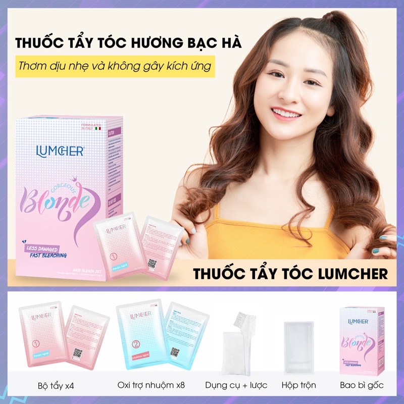Thuốc tẩy tóc BLONDE hương bạc hà. Bột tẩy tóc không xót tại nhà chính hãng LUMCHER tặng kèm chổi nhuộm, khay, bạt...