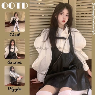 Set áo sơ mi tiểu thư cùng váy yếm da phong cách Ulzzang (ảnh thật ở cuối)