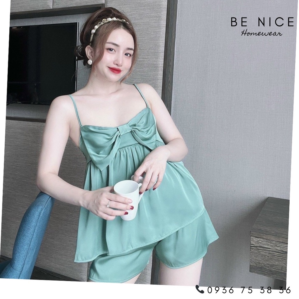 Bộ hai dây lụa phối nơ ngắn nhiều màu trơn cho nàng  nhà Be Nice Homewear