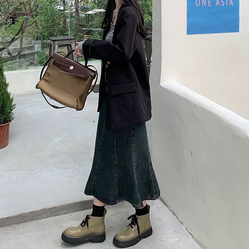 Chân váy bò đuôi cá thanh lịch đáng yêu cực độc, jeans dáng dài xếp ly