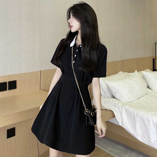 Đầm Đen Tay Ngắn Cổ Polo Ôm Eo Thời Trang Mùa Hè 2022