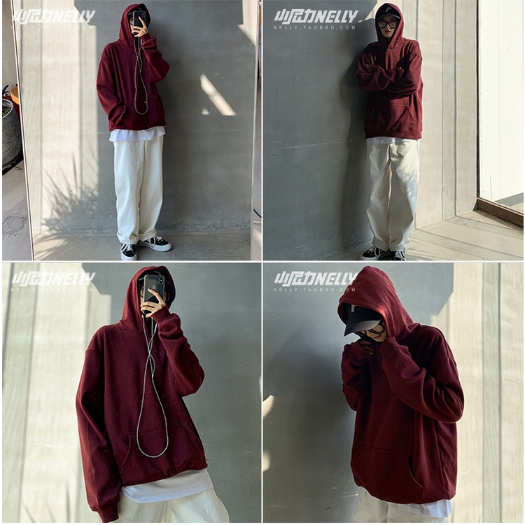 Áo hoodie Nelly Heybig trơn màu đỏ đô