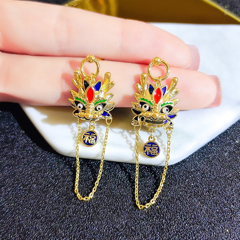 Khuyên Tai Dạng Chuỗi Dài Gắn Hình Rồng Phong Cách Trung Hoa Cổ Điển