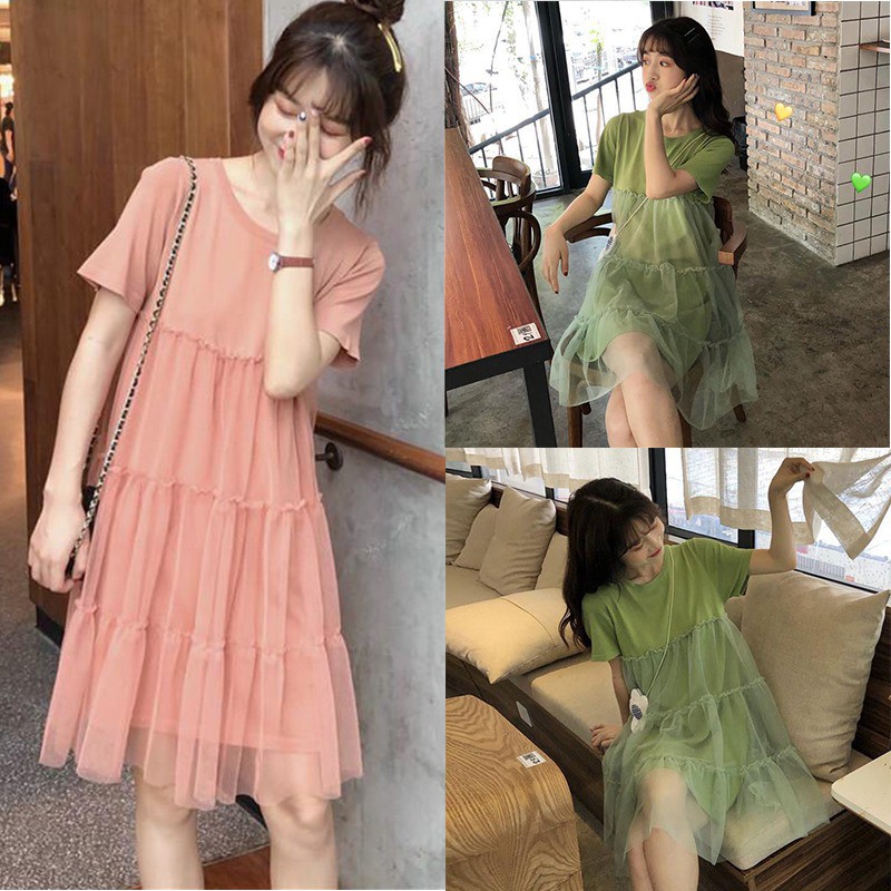 Đầm tay ngắn cổ tròn phối lưới thanh lịch