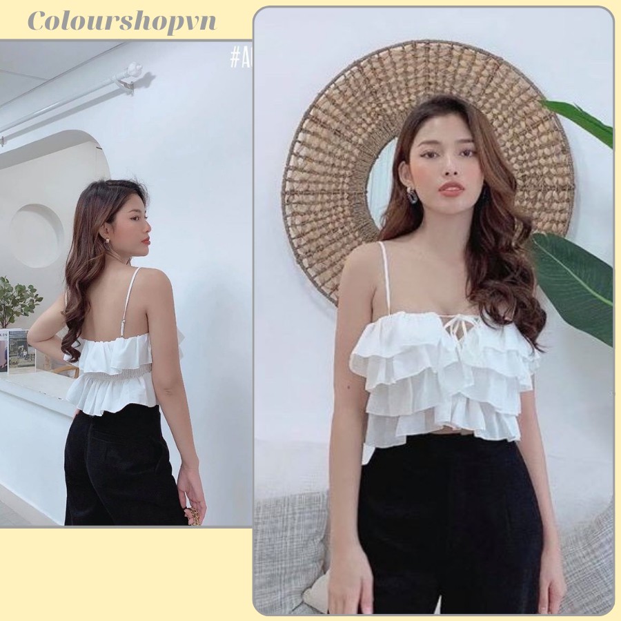Áo croptop 2 dây hở lưng, Áo 2 dây croptop bèo tầng màu trắng đen