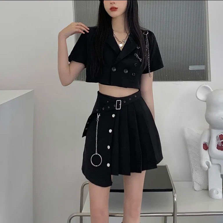 Bộ Áo Ngắn Tay+Chân Váy Xếp Ly Lưng Cao Xinh Xắn Dành Cho Nữ