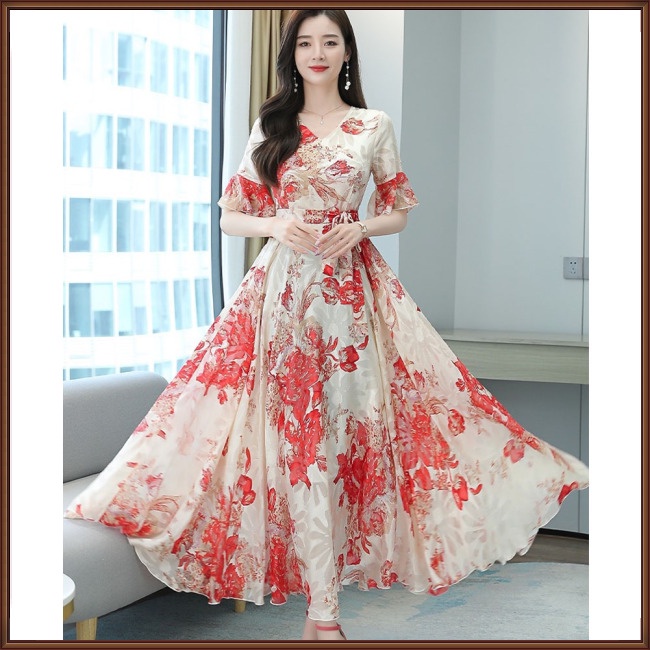 Đầm Dài Cổ Chữ V Tay Ngắn Họa Tiết Hoa Thời Trang Cho Nữ