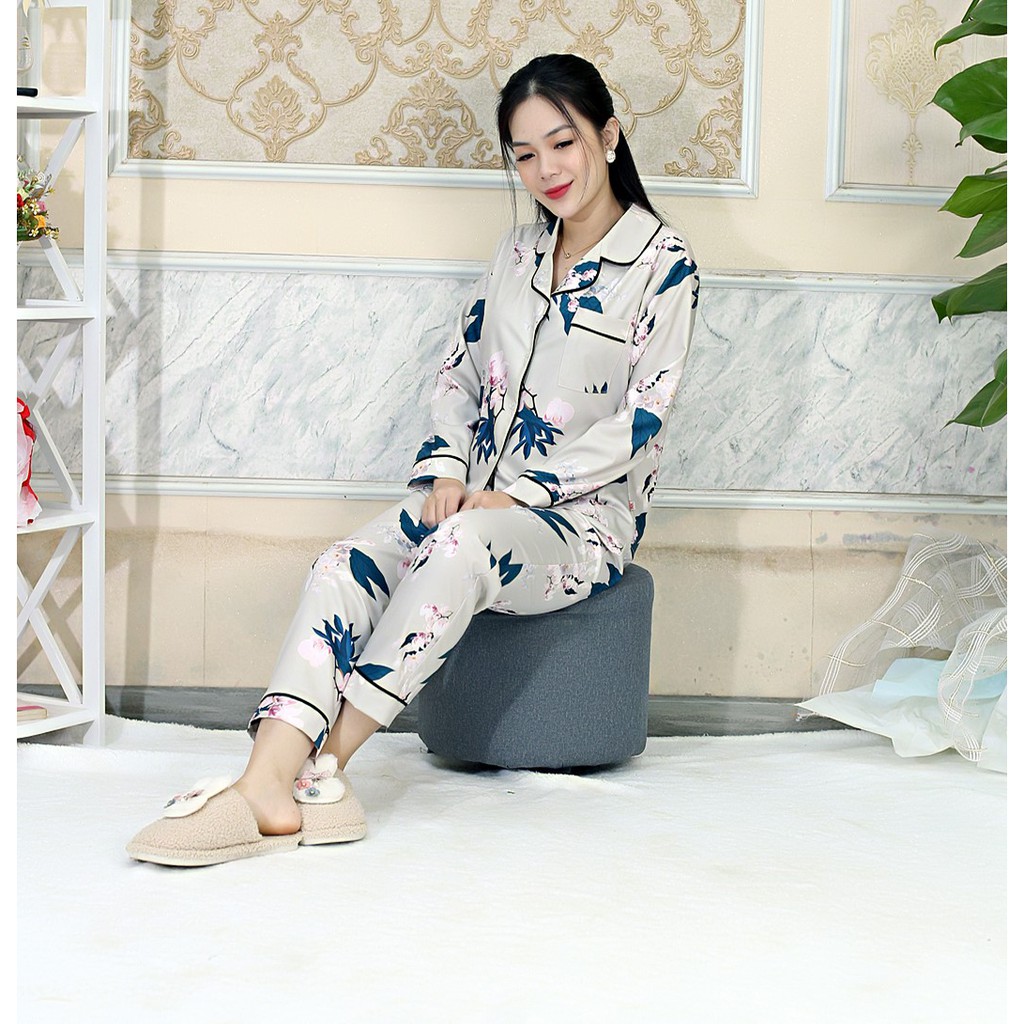 [HÌNH THẬT 100%] Bộ đồ Pijama nữ dài họa tiết XÁM LÁ HOA LÁ XANH - vải siêu lụa cao cấp - Cực Kì Sang Chảnh