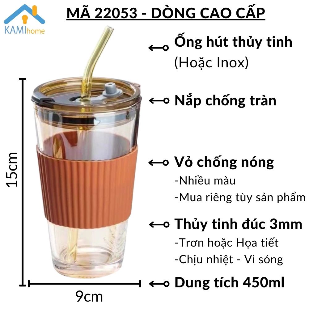 Ly thủy tinh có nắp và ống hút chịu nhiệt nóng lạnh cỡ 450ml KM22051