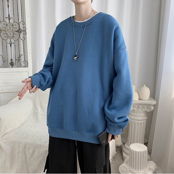 Áo Sweater Cổ Tròn NAM Nữ Màu Xanh Dương Đậm Chất Vải Nỉ Poly Hàng Freesize 1 Cỡ Form Dáng Rộng Dưới 65kg Mặc Vừa K21