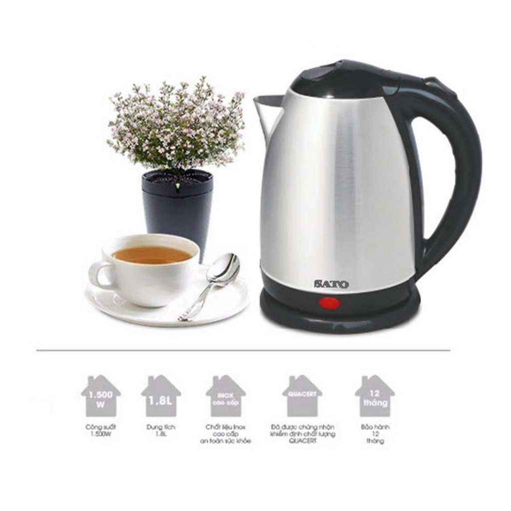 Ấm siêu tốc inox  chính hãng SATO  dung tích  1.8L, bảo hành 12 tháng