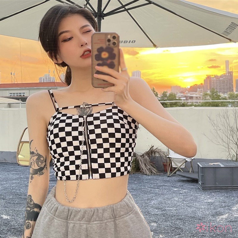 Áo Croptop Dệt Kim Hoạ Tiết Kẻ Sọc Phối Khoá Kéo Thiết Kế Quyến Rũ