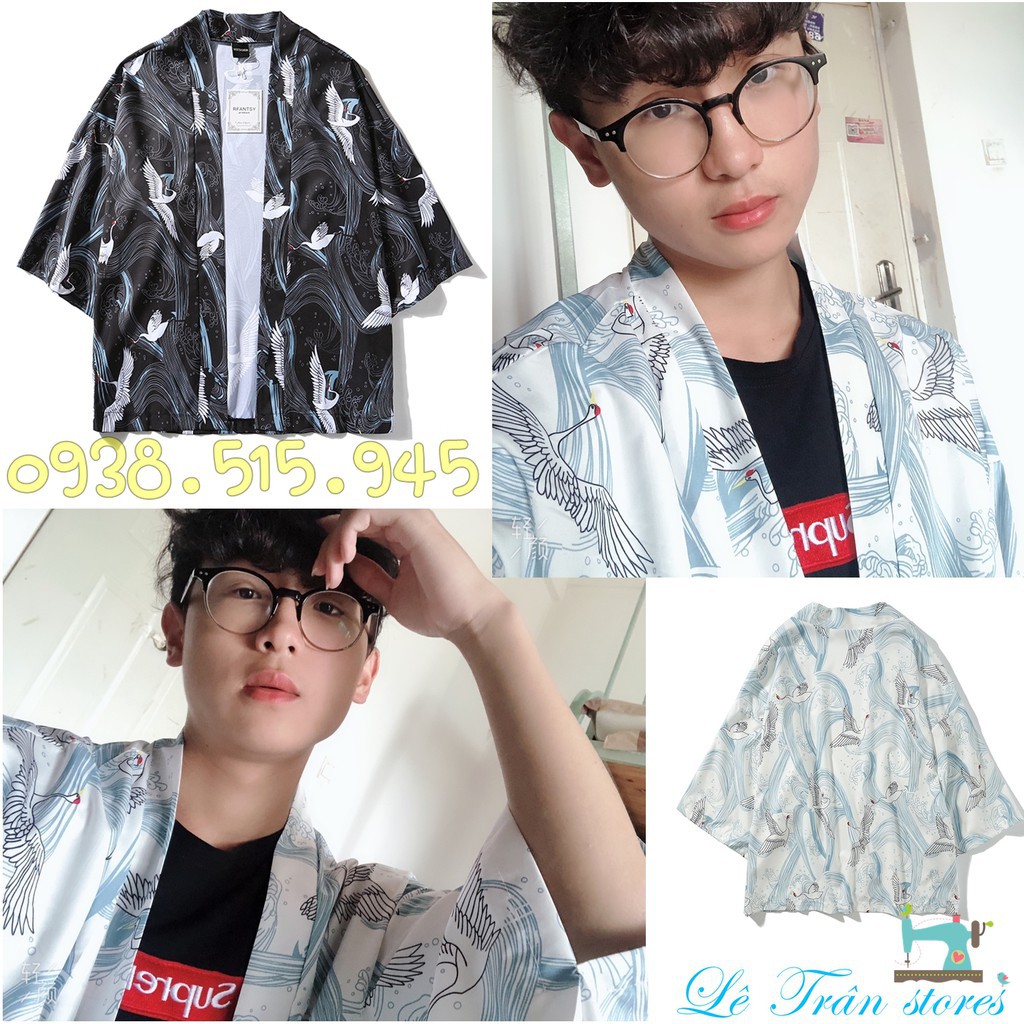 Áo khoác nam nữ Kimono họa tiết chim hạc cá KOI Ryu no Happi phong cách Nhật Bản Haori Happi