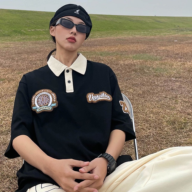 Áo polo Ngắn Tay Dáng Rộng Cổ Đứng Thêu Họa Tiết Đơn Giản Theo Phong Cách Retro Dành Cho Nữ