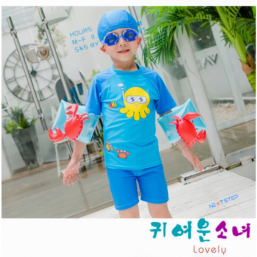 Đồ bơi bé trai rời nhiều họa tiết máy bay, cá heo, khủng long tặng kèm nón