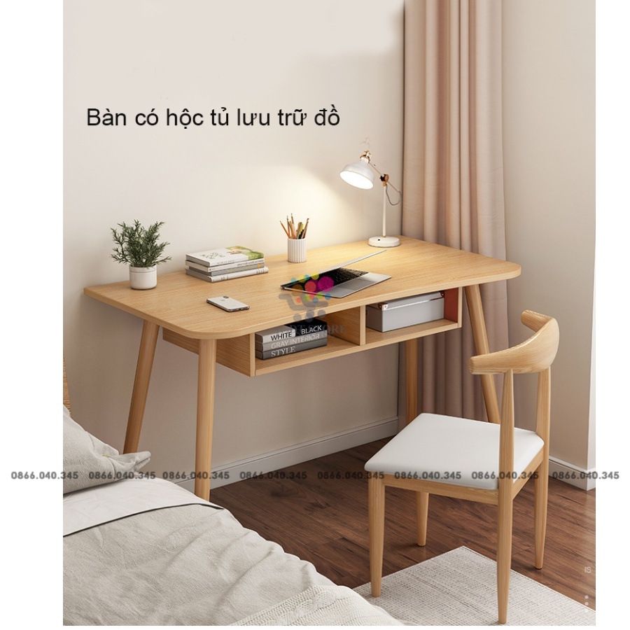 Bàn làm việc bền bỉ màu trắng gỗ MDF cao cấp, bàn học chân gỗ tự nhiên chắc chắn tích hợp hộc tủ để đồ tiện lợi