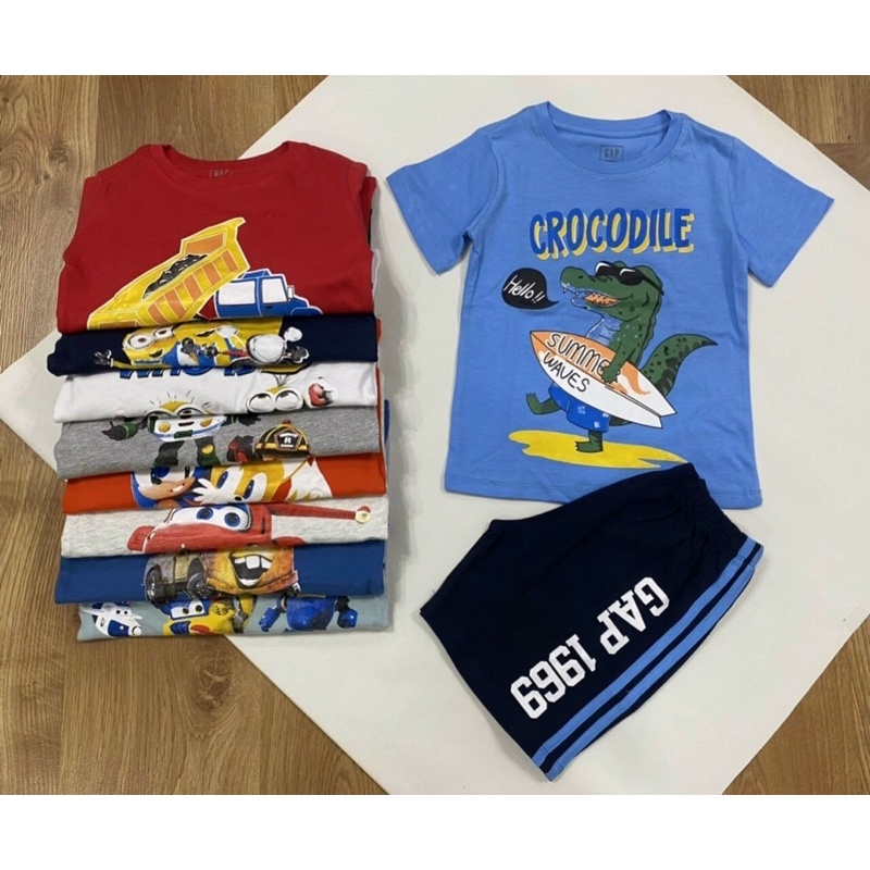 Bộ ngắn tay cotton bé trai 2-6T họa tiết Super Wings - Robocar Poli - nhím Sonic xe đua
