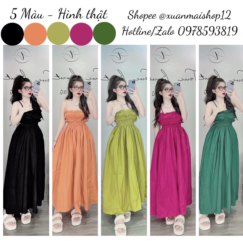 [FREESHIP] [HÌNH THẬT] Đầm maxi dài hai dây mocking cột nơ lưng bo chun chất thô tàu 5 màu siêu xinh
