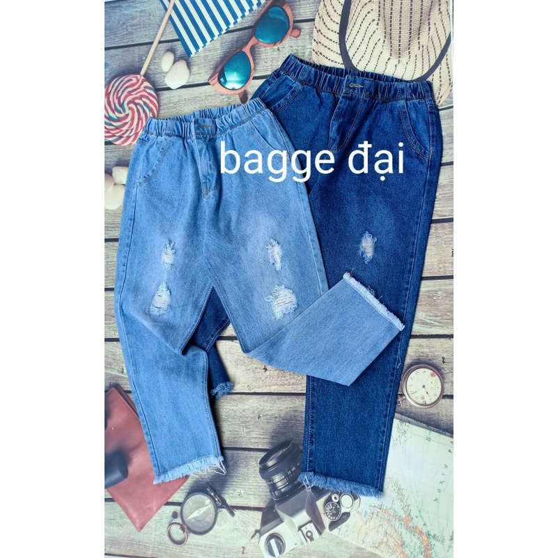 [Bigsize] Quần baggy jean nữ mẫu rách suông lai tua đắp vải mẫu chim cò