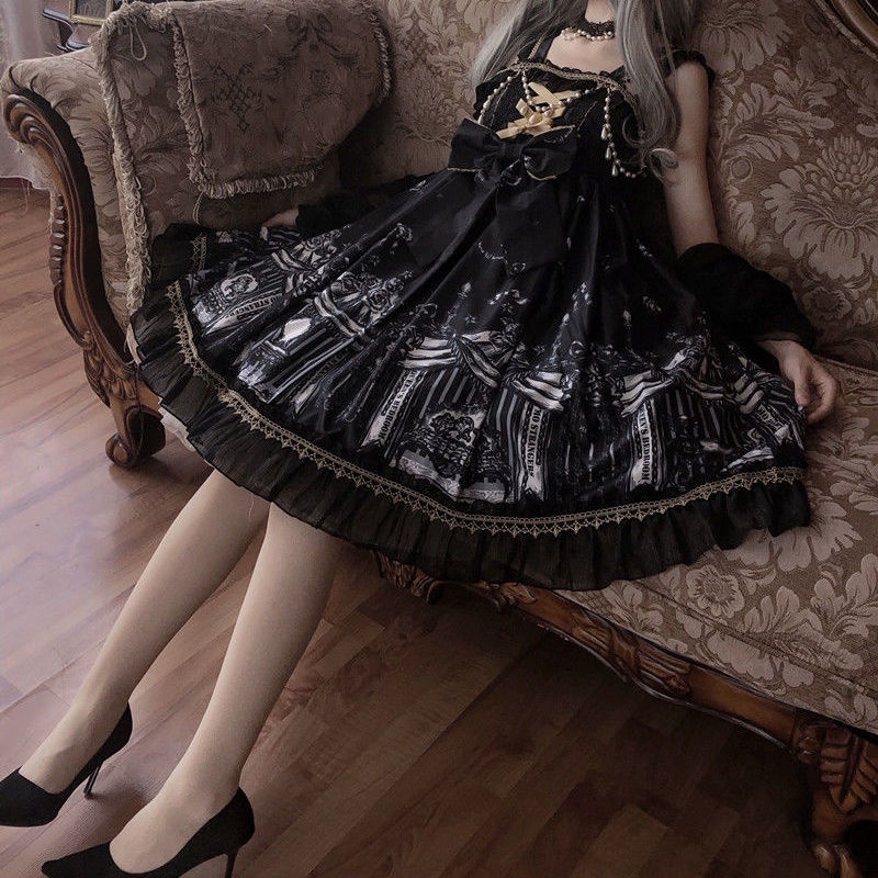 Đầm hai dây thiết kế chéo phong cách lolita gothic màu tối