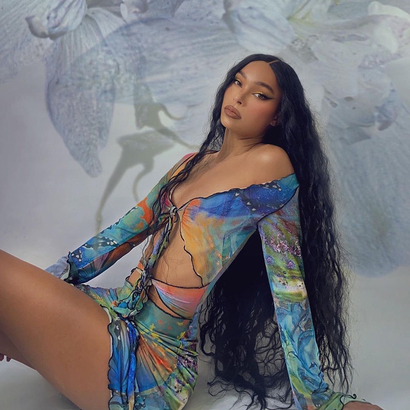 DUNEA Đầm Tay Dài Cổ Chữ V Gợi Cảm In Họa Tiết Nhiều Màu Sắc Cho Nữ Y0309