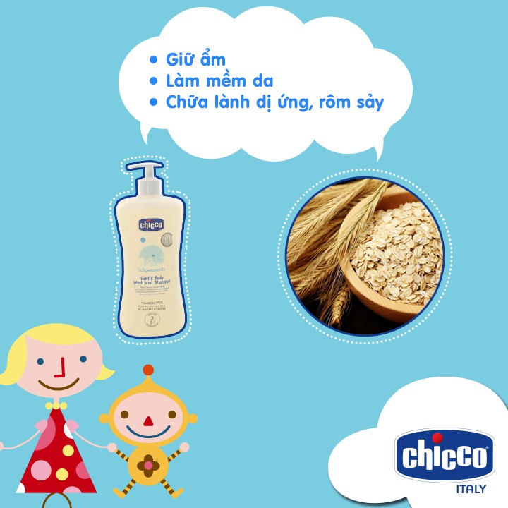 Sữa tắm gội cho bé CHICCO 500ml 0m+, sữa tắm yến mạch cấp ẩm da cho trẻ em - Monnie Kids