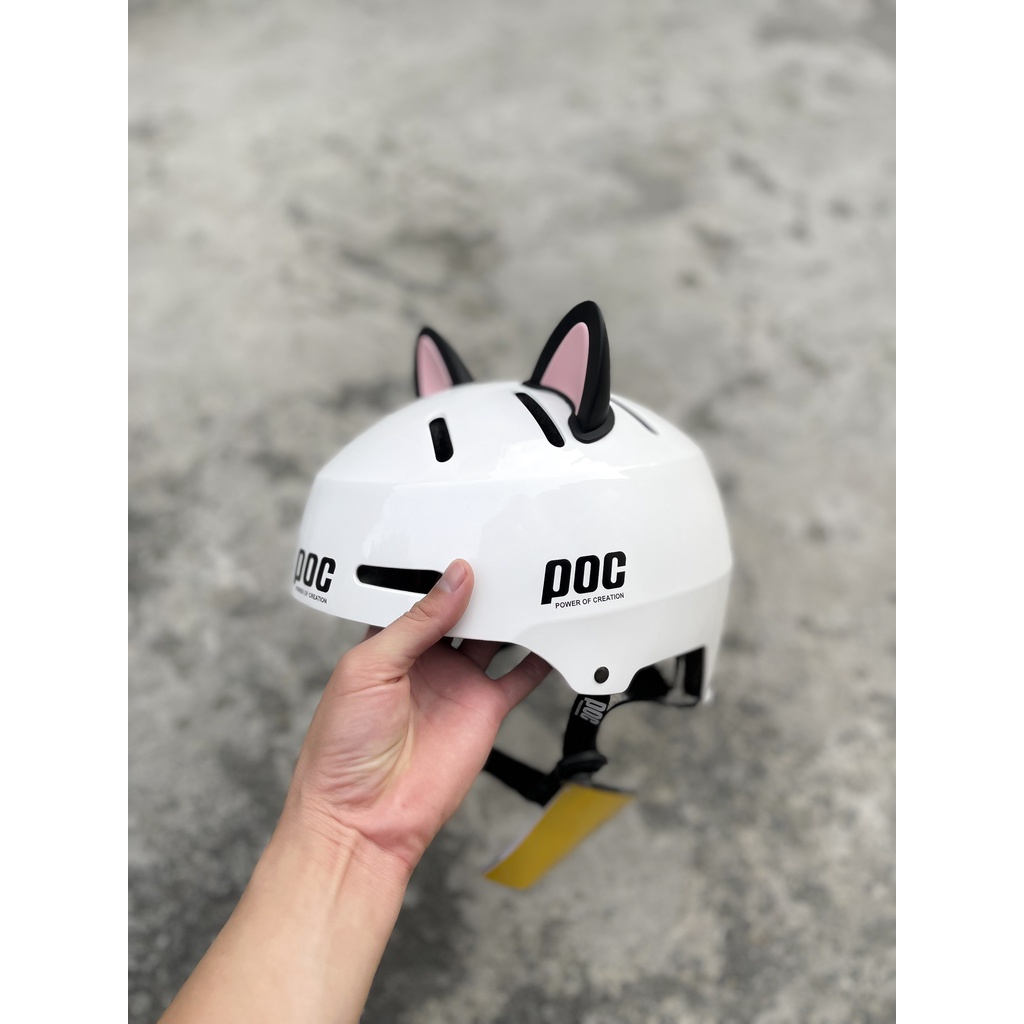 COMBO NÓN THỂ THAO POC P05 MÀU TRẮNG BÓNG VÀ TAI MÈO ĐEN HỒNG SIÊU KUTE