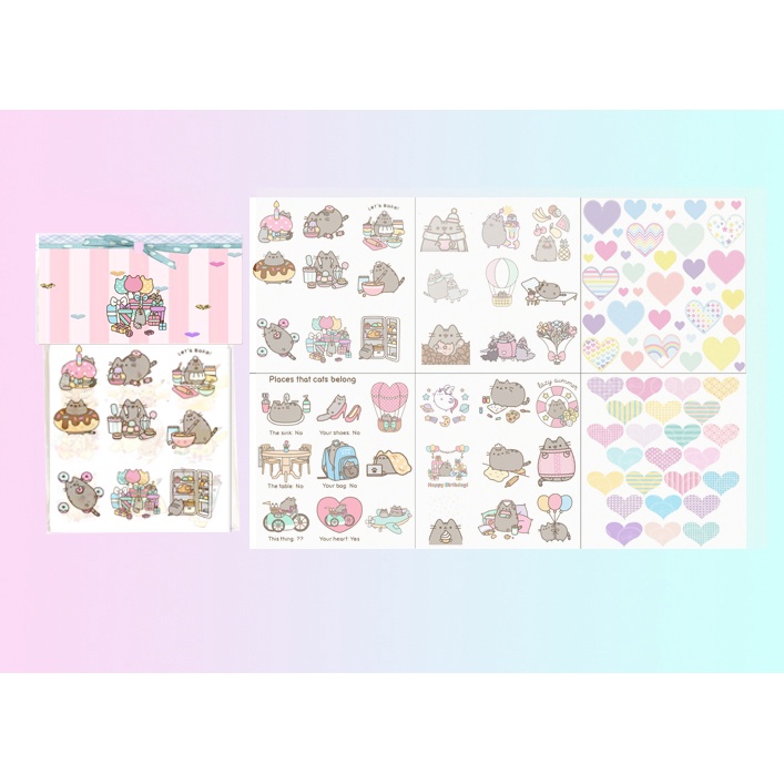 set 6 sticker washi pusheen S6W15 cute dễ thương hoạt hình ko bế 10x10cm
