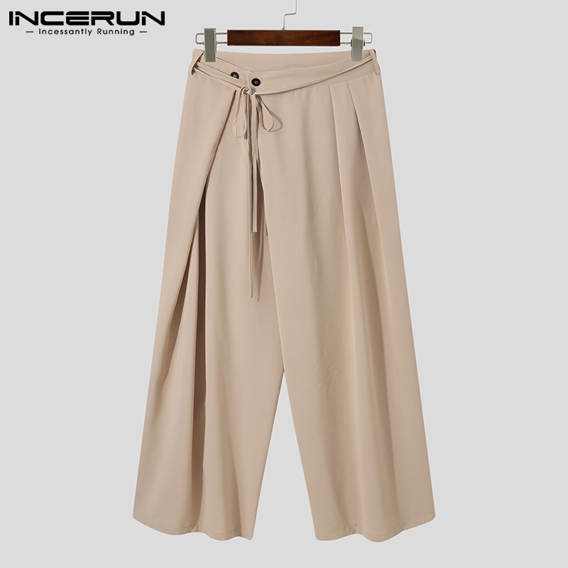 Quần dài INCERUN ống rộng xếp ly rút dây màu trơn thời trang đi chơi cho nam