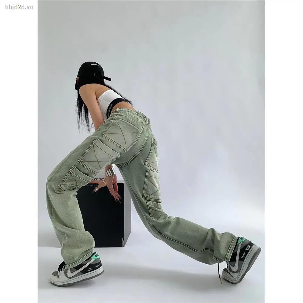 Quần jean dài ống rộng lưng cao màu xanh lá nhạt size lớn phong cách Mỹ thời trang cho nữ
