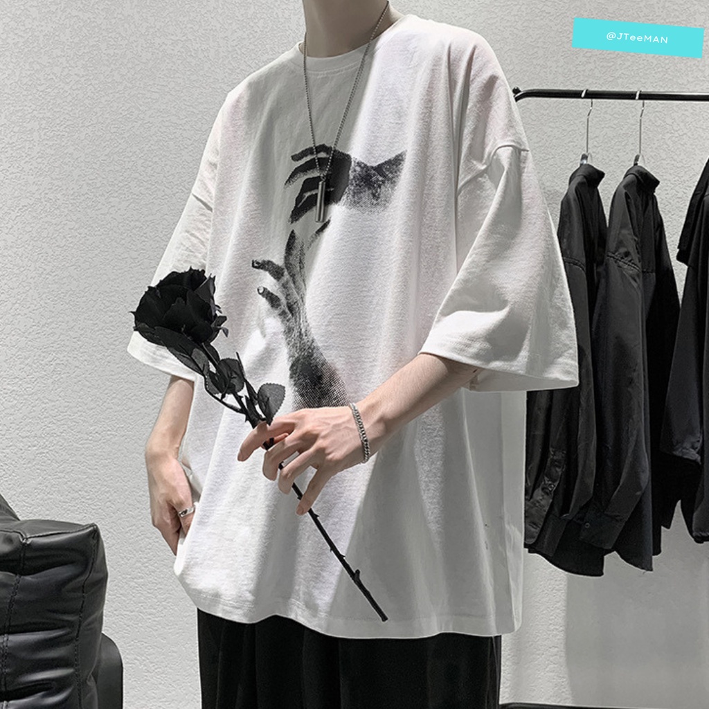 Áo thun Unisex tay lỡ form rộng in 2 bàn tay, áo phông Unisex cá tính vải cotton cao cấp 2 màu Trắng Đen JTeeMan - JT26