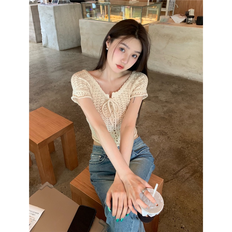 Áo Cardigan Dệt Kim Tay Ngắn Phối Ren Lỗ Thắt Dây Phong Cách Retro Mỹ Thời Trang Mùa Hè Cho Nữ