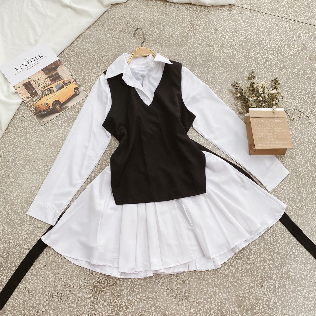 Set đầm sơ mi trắng đuôi cá + gile ngoài | BigBuy360 - bigbuy360.vn