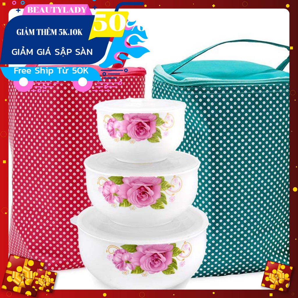 Bộ 3 thố sứ dùng lò vi sóng và túi giữ nhiệt
