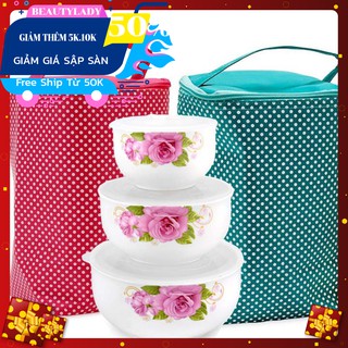 Bộ 3 thố sứ dùng lò vi sóng và túi giữ nhiệt