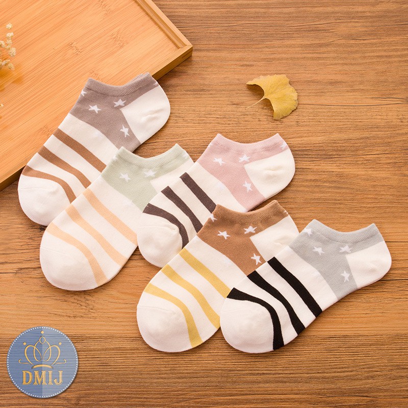 Set 5 đôi tất nữ cổ thấp nhiều màu vớ nữ cổ thấp hình 3sọc+saotrắng T23