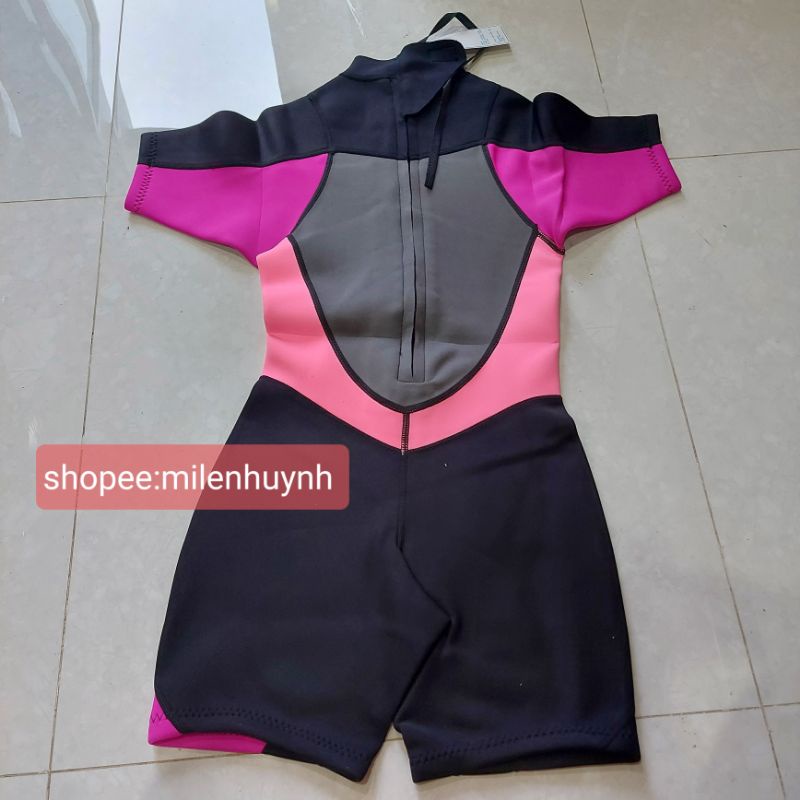 Bộ bơi giữ nhiệt dày 2mm ngắn tay cho nữ 38-70kg mẫu đen phối hồng đẹp, wetsuit cho nữ