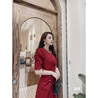 Váy nhung đỏ tay bồng nhún eo