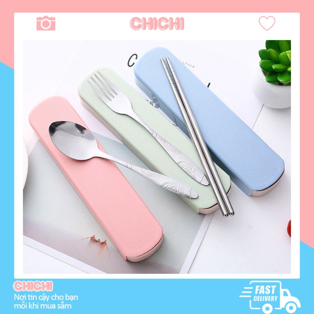Bộ muỗng đũa nĩa inox cá nhân văn phòng du lịch dễ thương kèm hộp ChiChi BDM02