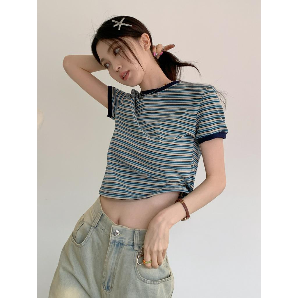 Áo Thun Nữ Cổ Tròn Ngắn Tay Kẻ Sọc Phong Cách Mới Mùa Hè 63099